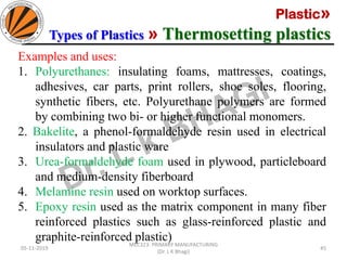 Plastic»
Types of Plastics » Thermosetting plastics
05-11-2019
MEC323: PRIMARY MANUFACTURING
(Dr. L K Bhagi)
45
Examples and uses:
1. Polyurethanes: insulating foams, mattresses, coatings,
adhesives, car parts, print rollers, shoe soles, flooring,
synthetic fibers, etc. Polyurethane polymers are formed
by combining two bi- or higher functional monomers.
2. Bakelite, a phenol-formaldehyde resin used in electrical
insulators and plastic ware
3. Urea-formaldehyde foam used in plywood, particleboard
and medium-density fiberboard
4. Melamine resin used on worktop surfaces.
5. Epoxy resin used as the matrix component in many fiber
reinforced plastics such as glass-reinforced plastic and
graphite-reinforced plastic)
 