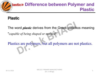 Plastic» Difference between Polymer and
Plastic
Plastic
The word plastic derives from the Greek plastikos meaning
"capable of being shaped or molded”.
Plastics are polymers, but all polymers are not plastics.
05-11-2019
MEC323: PRIMARY MANUFACTURING
(Dr. L K Bhagi)
5
 