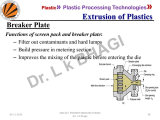 Plastic» Plastic Processing Technologies»
Extrusion of Plastics
05-11-2019
MEC323: PRIMARY MANUFACTURING
(Dr. L K Bhagi)
58
Breaker Plate
Functions of screen pack and breaker plate:
– Filter out contaminants and hard lumps
– Build pressure in metering section
– Improves the mixing of the plastic before entering the die
 