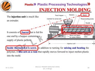 Plastic» Plastic Processing Technologies»
INJECTION MOLDING
05-11-2019
MEC323: PRIMARY MANUFACTURING
(Dr. L K Bhagi)
68
The injection unit is much like
an extruder.
It consists of a barrel that is fed from
one end by a hopper containing a
supply of plastic pellets.
Inside the barrel is a screw, in addition to turning for mixing and heating the
polymer, it also acts as a ram that rapidly moves forward to inject molten plastic
into the mold.
 