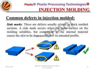 Plastic» Plastic Processing Technologies»
INJECTION MOLDING
05-11-2019
MEC323: PRIMARY MANUFACTURING
(Dr. L K Bhagi)
75
Common defects in injection molded:
Sink marks. These are defects usually related to thick molded
sections. A sink mark occurs when the outer surface on the
molding solidifies, but contraction of the internal material
causes the skin to be depressed below its intended profile.
 