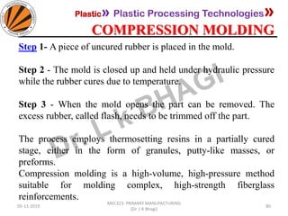 Plastic» Plastic Processing Technologies»
COMPRESSION MOLDING
05-11-2019
MEC323: PRIMARY MANUFACTURING
(Dr. L K Bhagi)
80
Step 1- A piece of uncured rubber is placed in the mold.
Step 2 - The mold is closed up and held under hydraulic pressure
while the rubber cures due to temperature.
Step 3 - When the mold opens the part can be removed. The
excess rubber, called flash, needs to be trimmed off the part.
The process employs thermosetting resins in a partially cured
stage, either in the form of granules, putty-like masses, or
preforms.
Compression molding is a high-volume, high-pressure method
suitable for molding complex, high-strength fiberglass
reinforcements.
 