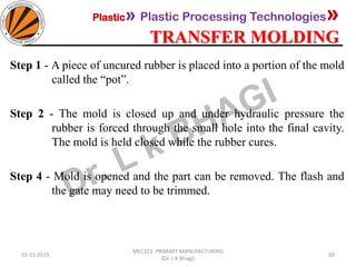 Plastic» Plastic Processing Technologies»
TRANSFER MOLDING
05-11-2019
MEC323: PRIMARY MANUFACTURING
(Dr. L K Bhagi)
89
Step 1 - A piece of uncured rubber is placed into a portion of the mold
called the “pot”.
Step 2 - The mold is closed up and under hydraulic pressure the
rubber is forced through the small hole into the final cavity.
The mold is held closed while the rubber cures.
Step 4 - Mold is opened and the part can be removed. The flash and
the gate may need to be trimmed.
 
