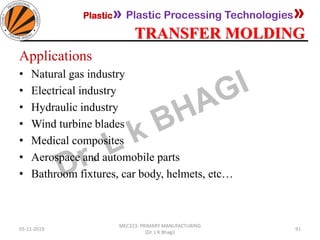 Plastic» Plastic Processing Technologies»
TRANSFER MOLDING
05-11-2019
MEC323: PRIMARY MANUFACTURING
(Dr. L K Bhagi)
91
Applications
• Natural gas industry
• Electrical industry
• Hydraulic industry
• Wind turbine blades
• Medical composites
• Aerospace and automobile parts
• Bathroom fixtures, car body, helmets, etc…
 