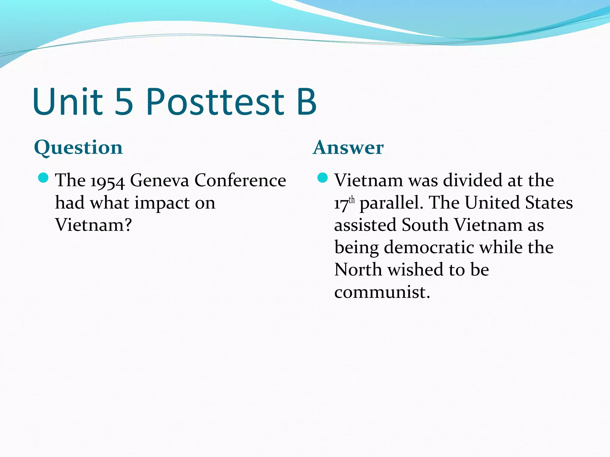 Unit 5 Posttest B
Question                      Answer
The 1954 Geneva Conference   Vietnam was divided at the
 had what impact on             17th parallel. The United States
 Vietnam?                       assisted South Vietnam as
                                being democratic while the
                                North wished to be
                                communist.
 