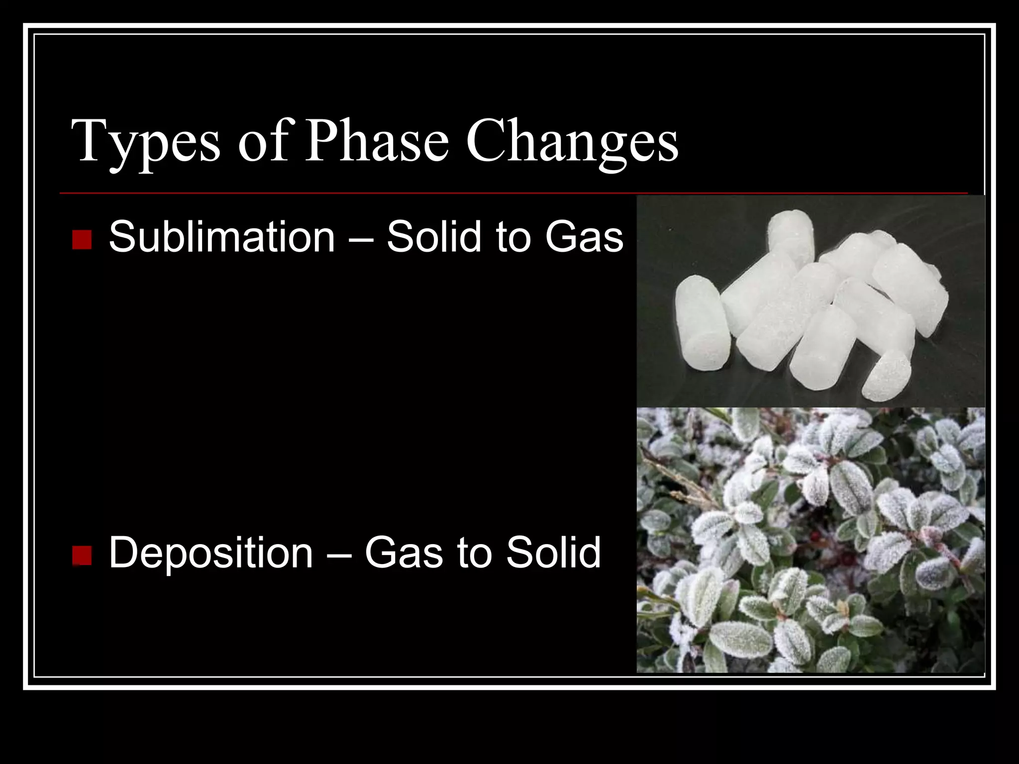 Types of Phase Changes	Sublimation – Solid to GasDeposition – Gas to Solid