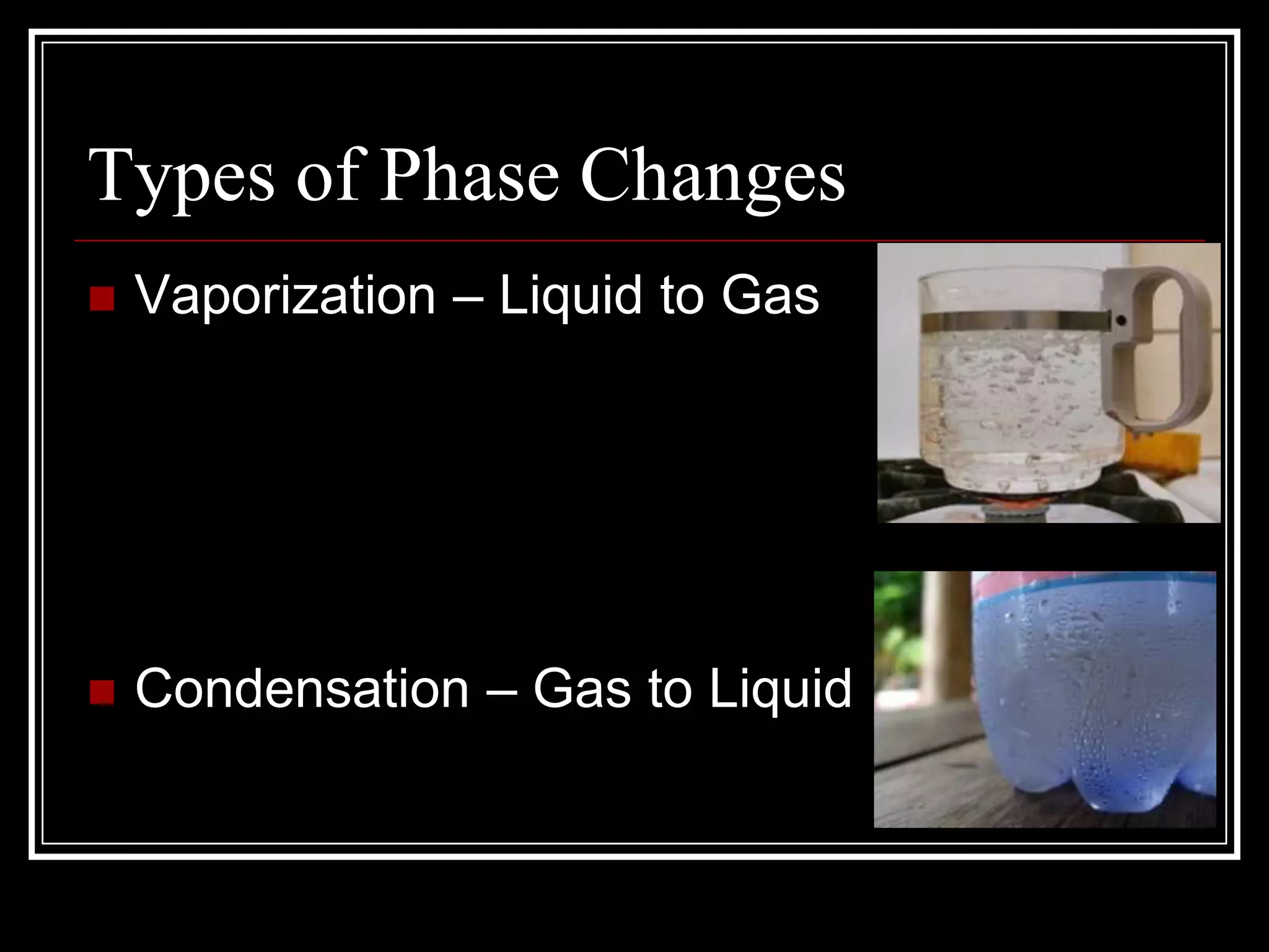 Types of Phase Changes	Vaporization – Liquid to GasCondensation – Gas to Liquid