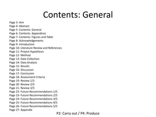 Contents: General
Page 3- Aim
Page 4- Abstract
Page 5- Contents: General
Page 6- Contents: Appendices
Page 7- Contents: Figures and Table
Page 8- Acknowledgements
Page 9- Introduction
Page 10- Literature Review and References
Page 11- Project Hypothesis
Page 12- Method
Page 13- Data Collection
Page 14- Data Analysis
Page 15- Results
Page 16- Discussion
Page 17- Conclusion
Page 18- Assessment Criteria
Page 19- Review 1/3
Page 20- Review 2/3
Page 21- Review 3/3
Page 22- Future Recommendations 1/5
Page 23- Future Recommendations 2/5
Page 24- Future Recommendations 3/5
Page 25- Future Recommendations 4/5
Page 26- Future Recommendations 5/5
Page 27- Appendix
P2: Carry out / P4: Produce
 
