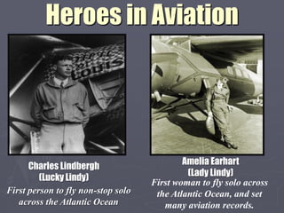 Heroes in Aviation




                                            Amelia Earhart
      Charles Lindbergh
                                             (Lady Lindy)
         (Lucky Lindy)              First woman to fly solo across
First person to fly non-stop solo    the Atlantic Ocean, and set
   across the Atlantic Ocean           many aviation records.
 