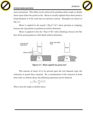 F T ra n sf o                                                                                                                            F T ra n sf o
          PD                   rm                                                                                                                  PD                   rm
      Y                                                                                                                                        Y
 Y




                                                                                                                                          Y
                                er




                                                                                                                                                                         er
ABB




                                                                                                                                         ABB
                          y




                                                                                                                                                                   y
                       bu




                                                                                                                                                                bu
                                    2.0




                                                                                                                                                                             2.0
                     to




                                                                                                                                                              to
                  re




                                                                                                                                                           re
                                                                                                                            J3103/5/18
                he




                                                                                                                                                         he
           k




                                                                                                                                                    k
          lic




                                                                                                                                                   lic
                                          POWER PRESS MACHINE
      C




                                                                                                                                               C
      w                        om                                                                                                              w                        om
  w




                                                                                                                                           w
          w.                                                                                                                                       w.
               A B B Y Y.c                                                                                                                              A B B Y Y.c



                                          more economical. This effect can be achieved by grinding either single or double
                                          shear upon either the punch or die. Shear is usually applied when thick metal is
                                          being blanked, or if the work has an extensive contour. Examples are shown at
                                          Fig. 5.7.
                                                 Shear is applied to the punch { Fig.5.7 (a) } when piercing or cropping,
                                          because the slug which is punched out will be deformed.
                                                 Shear is applied to the die { Fig 5.7 (b) } when blanking, because the flat
                                          face of the punch produces a flat blank without distortion.


                                                                                               b) Die with double
                                                  a) Punch with                                shear
                                                  single shear
                                                                                 Punch
                                                                                                                    Punch



                                                       Depth of shear (s)



                                                                                  Die
                                                                                                                     Die




                                                                       Figure 5.7. Shear applied toa press tool


                                                 The amount of shear (s) to be ground upon the tool depends upon the
                                          reduction in punch force required. By a consideration of the amounts of work
                                          done with, or without shear, the following expression can be deduced:
                                                                            Fmax - F x c x t
                                                                   s=
                                                                                   F
                                          This is true for single or double shear.
 