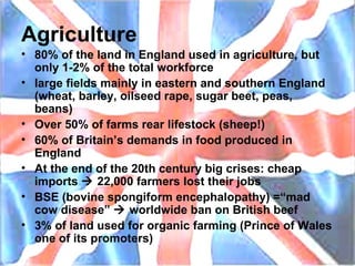 Agriculture 80% of the land in England used in agriculture, but only 1-2% of the total workforce large fields mainly in eastern and southern England (wheat, barley, oilseed rape, sugar beet, peas, beans) Over 50% of farms rear lifestock (sheep!) 60% of Britain’s demands in food produced in England At the end of the 20th century big crises: cheap imports    22,000 farmers lost their jobs BSE (bovine spongiform encephalopathy) =“mad cow disease”    worldwide ban on British beef 3% of land used for organic farming (Prince of Wales one of its promoters) 