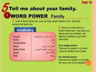 5Tell me about your family.
WORD POWER Family1
A Look at Sam’s family tree. How are these people related to him. Add these
words to the family tree.
Vocabulary
Cousin
Father
Grandmother
Niece
Sister-in-law
Uncle
Wife
‫ځوی‬ ‫ترور‬ ،‫تره‬ ‫د‬/‫لور‬
‫پالر‬
‫نیا‬
‫خورزه‬/‫وریره‬
‫وریندار‬/‫اندرور‬ ،‫خینه‬
‫کاکا‬/‫ماما‬
‫ښځه‬
B Draw your family tree(or a
friend’s family tree). Then take turns
talking about your families. Ask
follow-up questions to get more
information.
For a single person:
There are six people in my family.
I have two brothers and a sister.
For married person:
There are four people in my family.
We have a son and a daughter.
Page 30
 