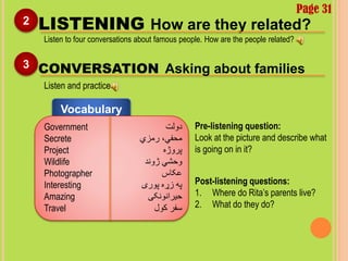 Vocabulary
LISTENING How are they related?2
Listen to four conversations about famous people. How are the people related?
CONVERSATION Asking about families3
Listen and practice
Pre-listening question:
Look at the picture and describe what
is going on in it?
Government
Secrete
Project
Wildlife
Photographer
Interesting
Amazing
Travel
‫دولت‬
‫رمزي‬ ،‫محفي‬
‫پروژه‬
‫ژوند‬ ‫وحشي‬
‫عکاس‬
‫پوری‬ ‫زړه‬ ‫په‬
‫حیرانونکی‬
‫کول‬ ‫سفر‬
Post-listening questions:
1. Where do Rita’s parents live?
2. What do they do?
Page 31
 