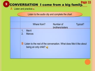 Page 339
A Listen and practice.
CONVERSATION I come from a big family.
Where from? Number of Typical?
brothers/sisters
1. Mei-li
2. Marcos
B Listen to the rest of the conversation. What does Mei-li like about
being an only child?
Listen to the audio clip and complete the chart
 
