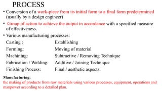 PROCESS
• Conversion of a work-piece from its initial form to a final form predetermined
(usually by a design engineer)
• Group of action to achieve the output in accordance with a specified measure
of effectiveness.
• Various manufacturing processes:
Casting : Establishing
Forming: Moving of material
Machining: Subtractive / Removing Technique
Fabrication / Welding: Additive / Joining Technique
Finishing Process: Final / aesthetic aspects
Manufacturing:
the making of products from raw materials using various processes, equipment, operations and
manpower according to a detailed plan.
 