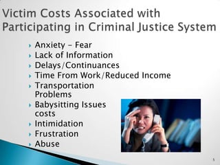 Victim Costs Associated with Participating in Criminal Justice SystemAnxiety - FearLack of InformationDelays/ContinuancesTime From Work/Reduced IncomeTransportation                            ProblemsBabysitting Issues                            and costsIntimidationFrustrationAbuse5