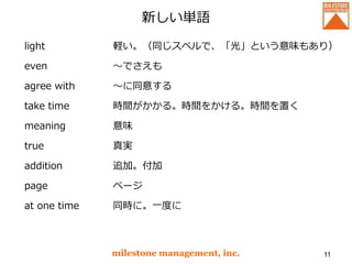 新しい単語
light
even
agree with
take time
meaning
true
addition
page
at one time
milestone management, inc. 11
軽い。（同じスペルで、「光」という意味もあり）
～でさえも
～に同意する
時間がかかる。時間をかける。時間を置く
意味
真実
追加。付加
ページ
同時に。一度に
 