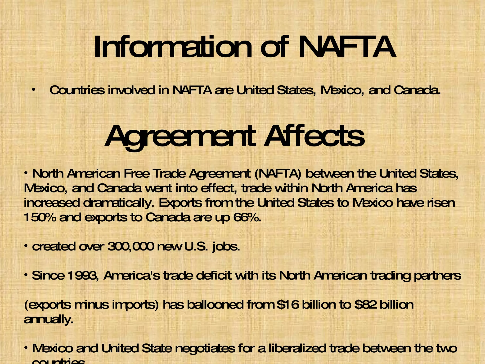 Information of NAFTA Countries involved in NAFTA are United States, Mexico, and Canada. Agreement Affects North American Free Trade Agreement (NAFTA) between the United States, Mexico, and Canada went into effect, trade within North America has increased dramatically. Exports from the United States to Mexico have risen 150% and exports to Canada are up 66%. created over 300,000 new U.S. jobs. Since 1993, America's trade deficit with its North American trading partners  (exports minus imports) has ballooned from $16 billion to $82 billion annually. Mexico and United State negotiates for a liberalized trade between the two    countries. 