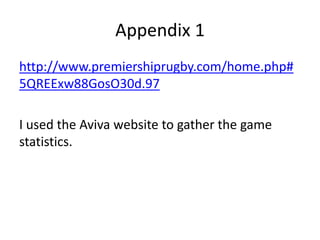 Appendix 1
http://www.premiershiprugby.com/home.php#
5QREExw88GosO30d.97
I used the Aviva website to gather the game
statistics.
 