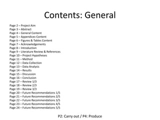 Contents: General
Page 2 – Project Aim
Page 3 – Abstract
Page 4 – General Content
Page 5 – Appendices Content
Page 6 – Figures & Tables Content
Page 7 – Acknowledgements
Page 8 – Introduction
Page 9 – Literature Review & References
Page 10 – Project Hypotheses
Page 11 – Method
Page 12 – Data Collection
Page 13 – Data Analysis
Page 14 – Results
Page 15 – Discussion
Page 16 – Conclusion
Page 17 – Review 1/3
Page 18 – Review 2/3
Page 19 – Review 3/3
Page 20 – Future Recommendations 1/5
Page 21 – Future Recommendations 2/5
Page 22 – Future Recommendations 3/5
Page 23 – Future Recommendations 4/5
Page 24 – Future Recommendations 5/5
P2: Carry out / P4: Produce
 