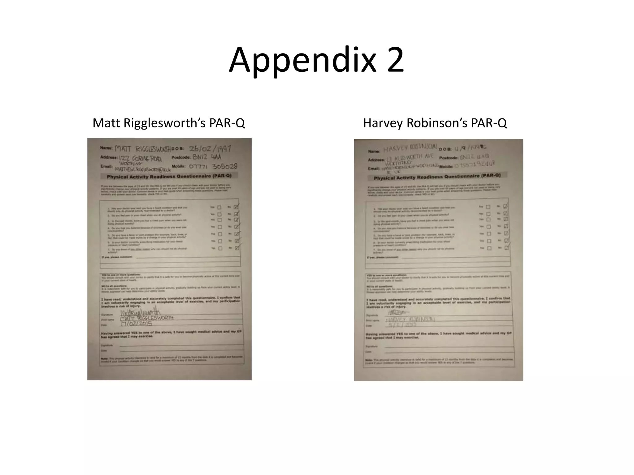 Appendix 2
Matt Rigglesworth’s PAR-Q Harvey Robinson’s PAR-Q
 