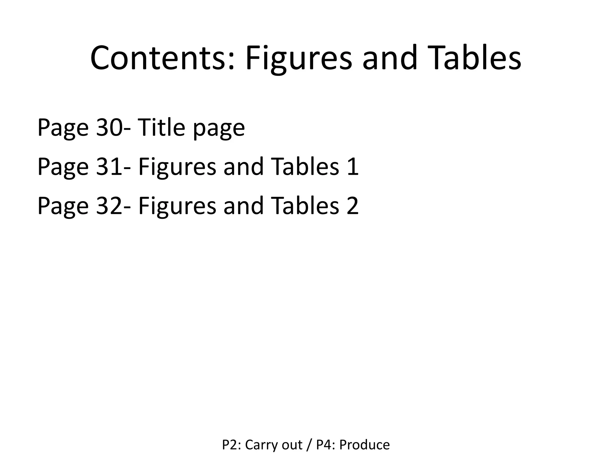 Contents: Figures and Tables
Page 30- Title page
Page 31- Figures and Tables 1
Page 32- Figures and Tables 2
P2: Carry out / P4: Produce
 