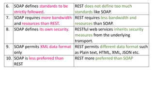 6. SOAP defines standards to be
strictly followed.
REST does not define too much
standards like SOAP.
7. SOAP requires more bandwidth
and resources than REST.
REST requires less bandwidth and
resources than SOAP.
8. SOAP defines its own security. RESTful web services inherits security
measures from the underlying
transport.
9. SOAP permits XML data format
only
REST permits different data format such
as Plain text, HTML, XML, JSON etc.
10. SOAP is less preferred than
REST
REST more preferred than SOAP
 
