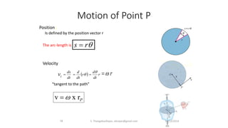Motion of Point P
Prxv 
Position :
qrs The arc-length is
Is defined by the position vector r
tv
dt
ds
 ( )qr
dt
d
 r
dt
dq
 r
Velocity
“tangent to the path”
14/12/2014S. ThangaKasiRajan, stkrajan@gmail.com18
 