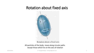 Rotation about fixed axis
All particles of the body move along circular paths
except those which lie on the axis of rotation
14/12/2014 S. ThangaKasiRajan, stkrajan@gmail.com 5
 