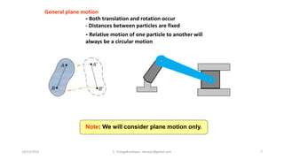 General plane motion
- Both translation and rotation occur
- Distances between particles are fixed
Note: We will consider plane motion only.
- Relative motion of one particle to another will
always be a circular motion
14/12/2014 S. ThangaKasiRajan, stkrajan@gmail.com 7
 