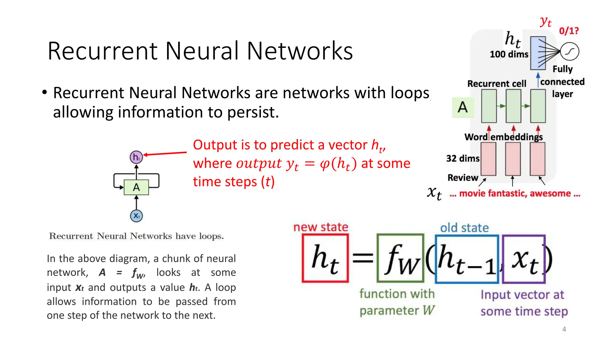 Recurrent Neural Networks
• Recurrent Neural Networks are networks with loops,
allowing information to persist.
4
In the above diagram, a chunk of neural
network, A = fW, looks at some
input xt and outputs a value ht. A loop
allows information to be passed from
one step of the network to the next.
Output is to predict a vector ht,
where 𝑜𝑢𝑡𝑝𝑢𝑡 𝑦𝑡 = 𝜑(ℎ𝑡) at some
time steps (t)
 