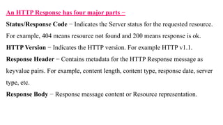 An HTTP Response has four major parts −
Status/Response Code − Indicates the Server status for the requested resource.
For example, 404 means resource not found and 200 means response is ok.
HTTP Version − Indicates the HTTP version. For example HTTP v1.1.
Response Header − Contains metadata for the HTTP Response message as
keyvalue pairs. For example, content length, content type, response date, server
type, etc.
Response Body − Response message content or Resource representation.
 