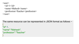 <user>
<id>1</id>
<name>Mahesh</name>
<profession>Teacher</profession>
</user>
The same resource can be represented in JSON format as follows −
{
"id":1,
"name":"Mahesh",
"profession":"Teacher“
}
 