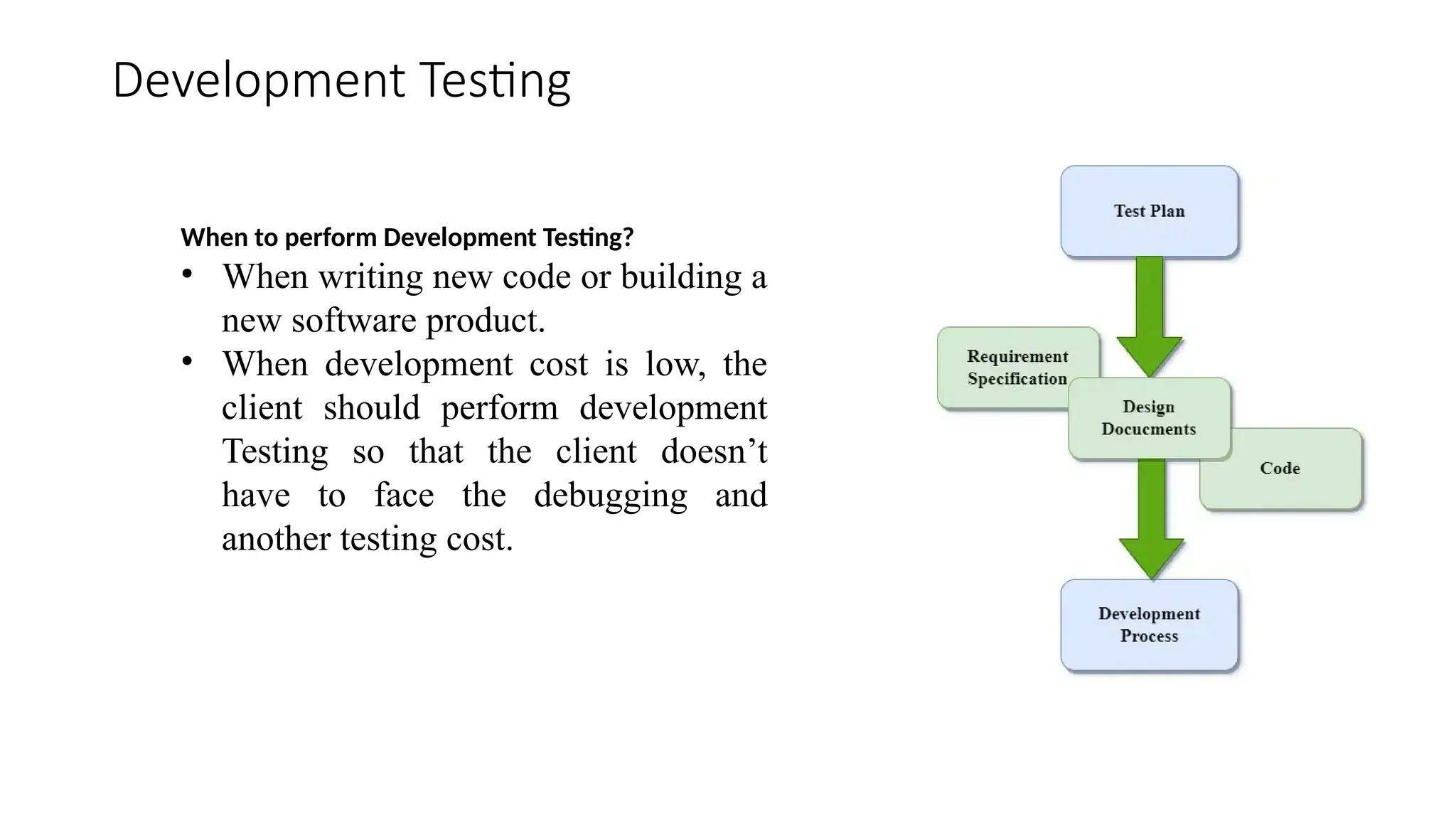 Development Testing
When to perform Development Testing?
• When writing new code or building a
new software product.
• When development cost is low, the
client should perform development
Testing so that the client doesn’t
have to face the debugging and
another testing cost.
 