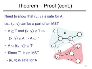 15
Theorem – Proof (cont.)
Need to show that (u, v) is safe for A:
i.e., (u, v) can be a part of an MST
• A  T and (x, y)  T 
(x, y)  A  A T’
• A  {(u, v)}  T’
• Since T’ is an MST
 (u, v) is safe for A
u
v
S
V - S
x
y
p
 