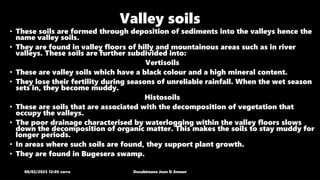 Valley soils
08/02/2023 12:05 carra Dusabimana Jean D Amour
• These soils are formed through deposition of sediments into the valleys hence the
name valley soils.
• They are found in valley floors of hilly and mountainous areas such as in river
valleys. These soils are further subdivided into:
Vertisoils
• These are valley soils which have a black colour and a high mineral content.
• They lose their fertility during seasons of unreliable rainfall. When the wet season
sets in, they become muddy.
Histosoils
• These are soils that are associated with the decomposition of vegetation that
occupy the valleys.
• The poor drainage characterised by waterlogging within the valley floors slows
down the decomposition of organic matter. This makes the soils to stay muddy for
longer periods.
• In areas where such soils are found, they support plant growth.
• They are found in Bugesera swamp.
 