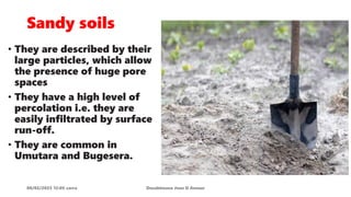 Sandy soils
08/02/2023 12:05 carra Dusabimana Jean D Amour
• They are described by their
large particles, which allow
the presence of huge pore
spaces
• They have a high level of
percolation i.e. they are
easily infiltrated by surface
run-off.
• They are common in
Umutara and Bugesera.
 