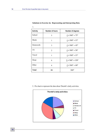 14   Error! No text of specified style in document.




                      Solutions to Exercise 4a: Representing and Interpreting Data

                      1.

                      Activity               Number of hours          Number of degrees

                      School                          5                5
                                                                       24    × 360° = 75°

                      Meals                           1                 1
                                                                        24   × 360° = 15°

                      Homework                        3                 3
                                                                       24    × 360° = 45°

                      TV                              2                 2
                                                                       24    × 360° = 30°

                      Travel                          1                 1
                                                                        24   × 360° = 15°

                      Sleep                           8                8
                                                                       24   × 360° = 120°

                      Other                           4                 4
                                                                       24    × 360° = 60°

                      Total                           24                       360°




                      2. Pie chart to represent the data about Thembi’s daily activities.


                                                Thembi's daily activities




                                                                                      School
                                                                                      Meals
                                                                                      Homew ork
                                                                                      TV
                                                                                      Travel
                                                                                      Sleep
                                                                                      Other




14
 