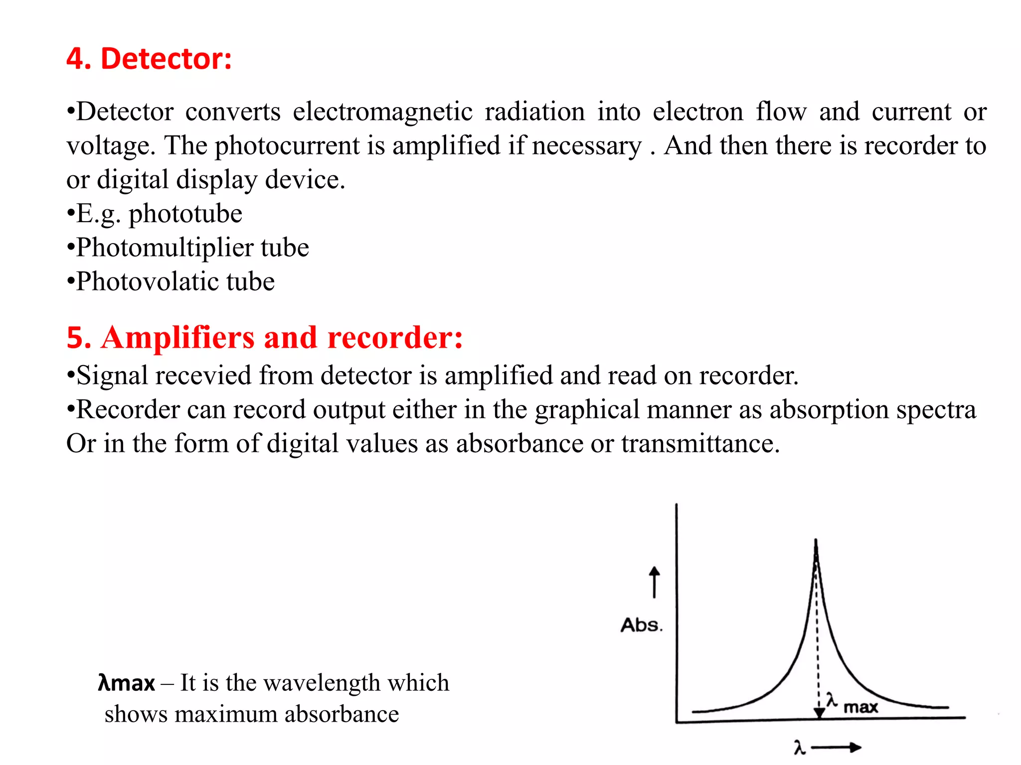 4. Detector:
•Detector converts electromagnetic radiation into electron flow and current or
voltage. The photocurrent is amplified if necessary . And then there is recorder to
or digital display device.
•E.g. phototube
•Photomultiplier tube
•Photovolatic tube
5. Amplifiers and recorder:
•Signal recevied from detector is amplified and read on recorder.
•Recorder can record output either in the graphical manner as absorption spectra
Or in the form of digital values as absorbance or transmittance.
λmax – It is the wavelength which
shows maximum absorbance
 
