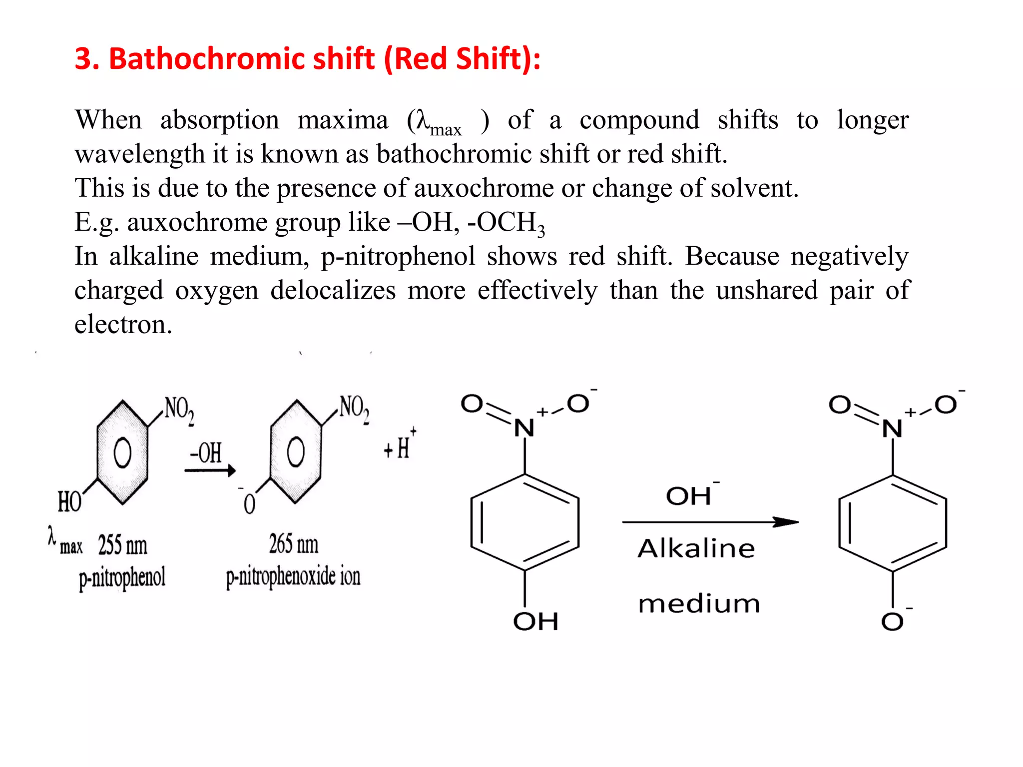 3. Bathochromic shift (Red Shift):
When absorption maxima (λmax ) of a compound shifts to longer
wavelength it is known as bathochromic shift or red shift.
This is due to the presence of auxochrome or change of solvent.
E.g. auxochrome group like –OH, -OCH3
In alkaline medium, p-nitrophenol shows red shift. Because negatively
charged oxygen delocalizes more effectively than the unshared pair of
electron.
 