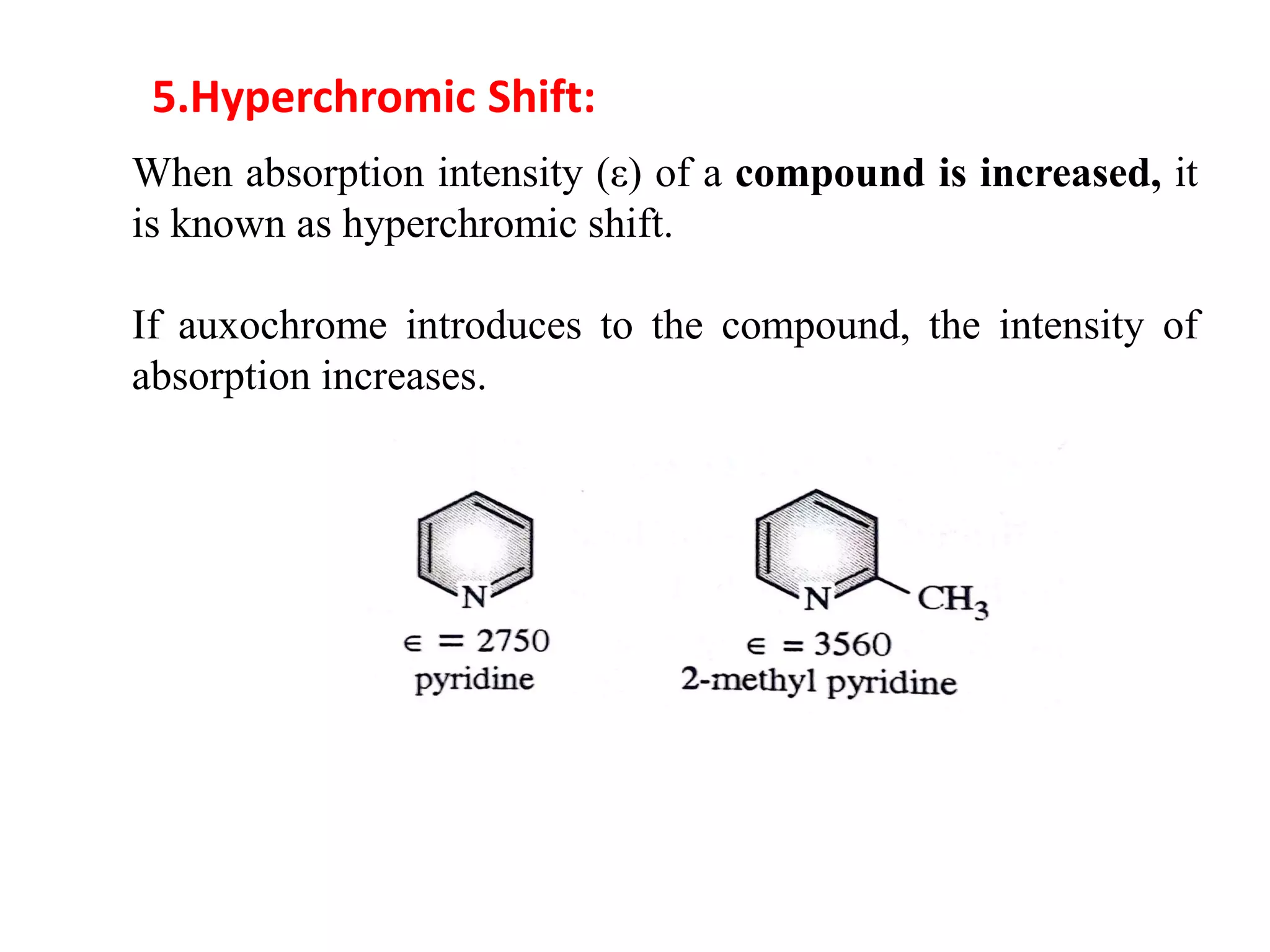 5.Hyperchromic Shift:
When absorption intensity (ε) of a compound is increased, it
is known as hyperchromic shift.
If auxochrome introduces to the compound, the intensity of
absorption increases.
 