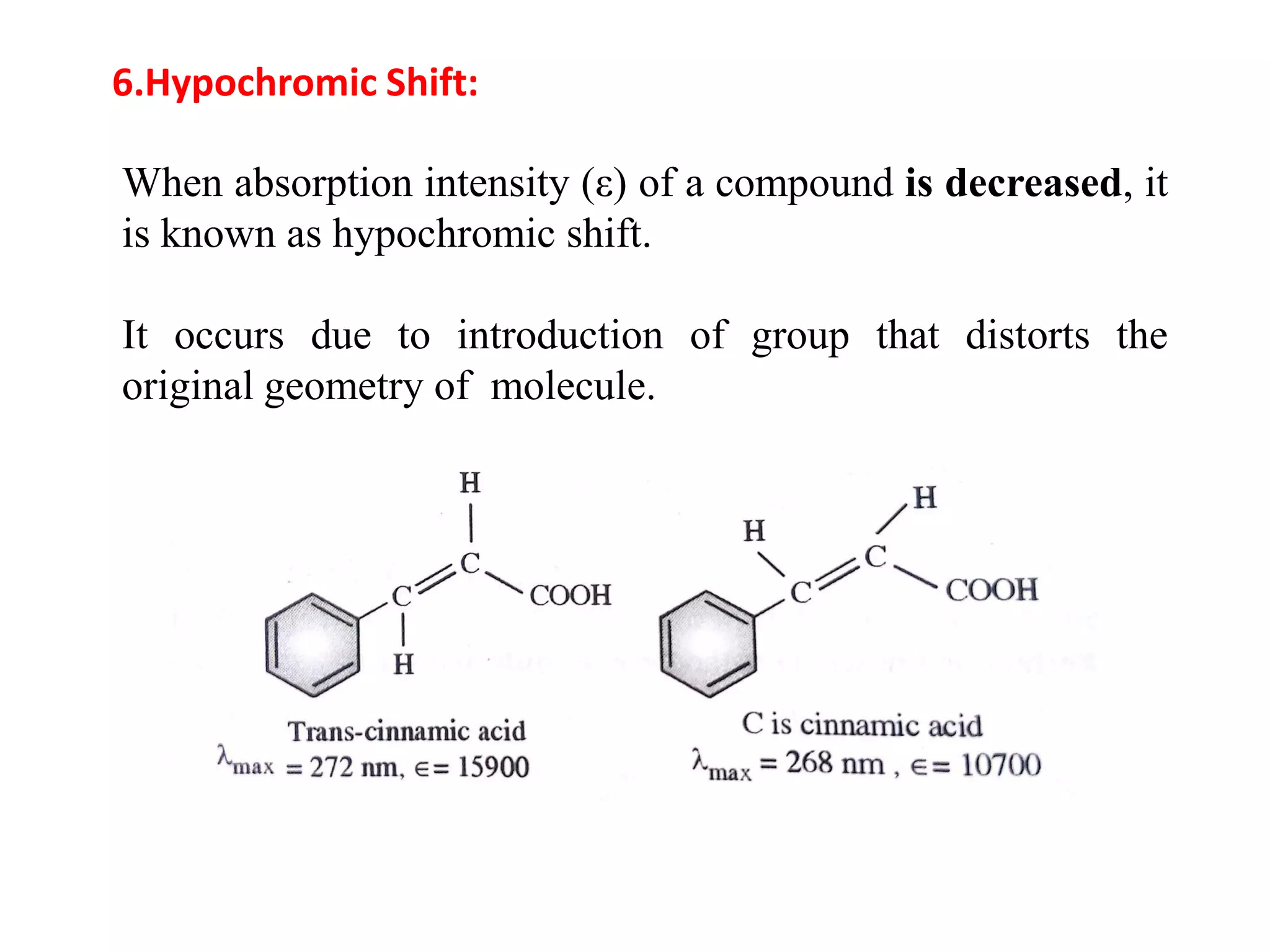 6.Hypochromic Shift:
When absorption intensity (ε) of a compound is decreased, it
is known as hypochromic shift.
It occurs due to introduction of group that distorts the
original geometry of molecule.
 