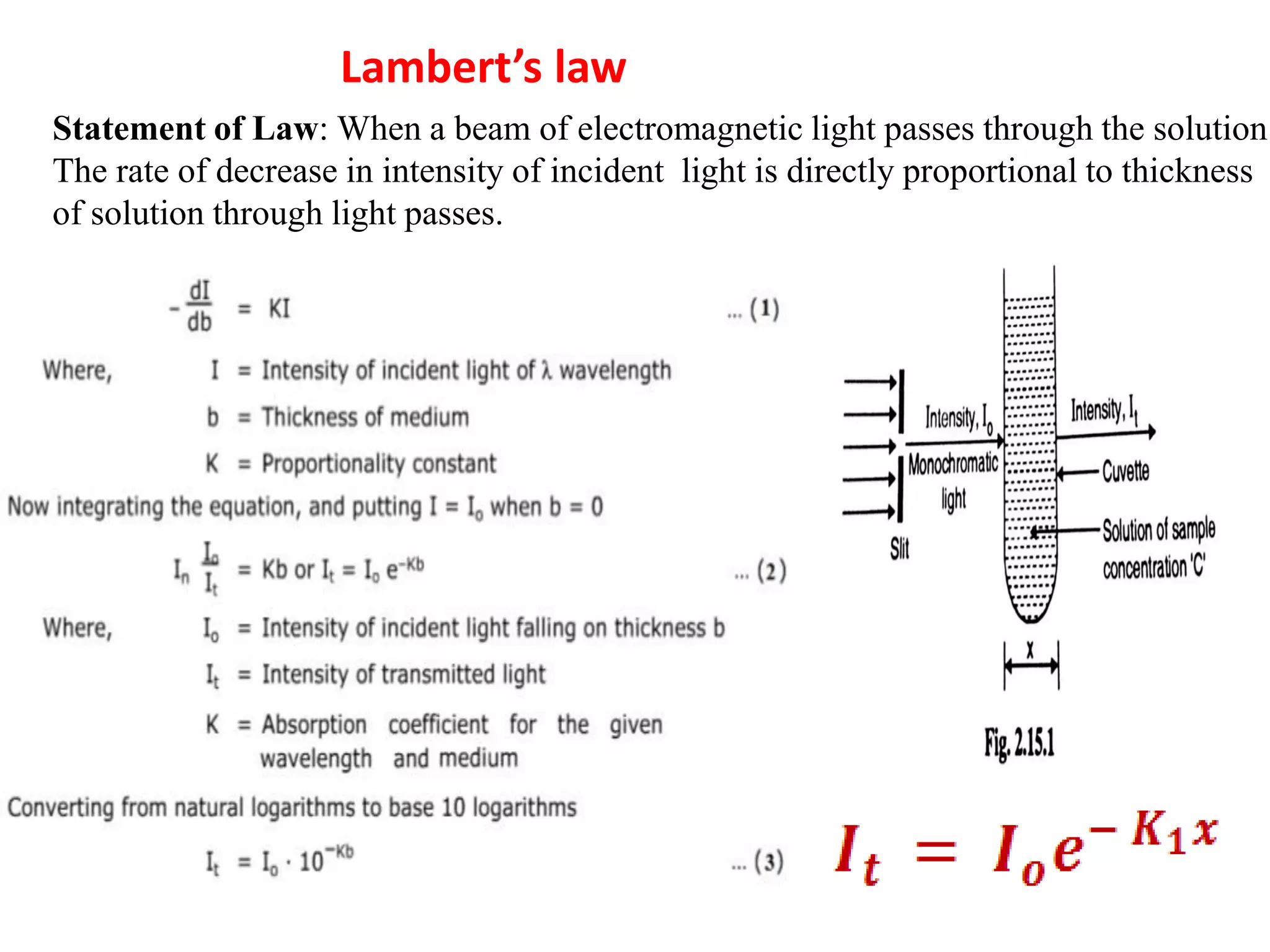 Lambert’s law
Statement of Law: When a beam of electromagnetic light passes through the solution
The rate of decrease in intensity of incident light is directly proportional to thickness
of solution through light passes.
 
