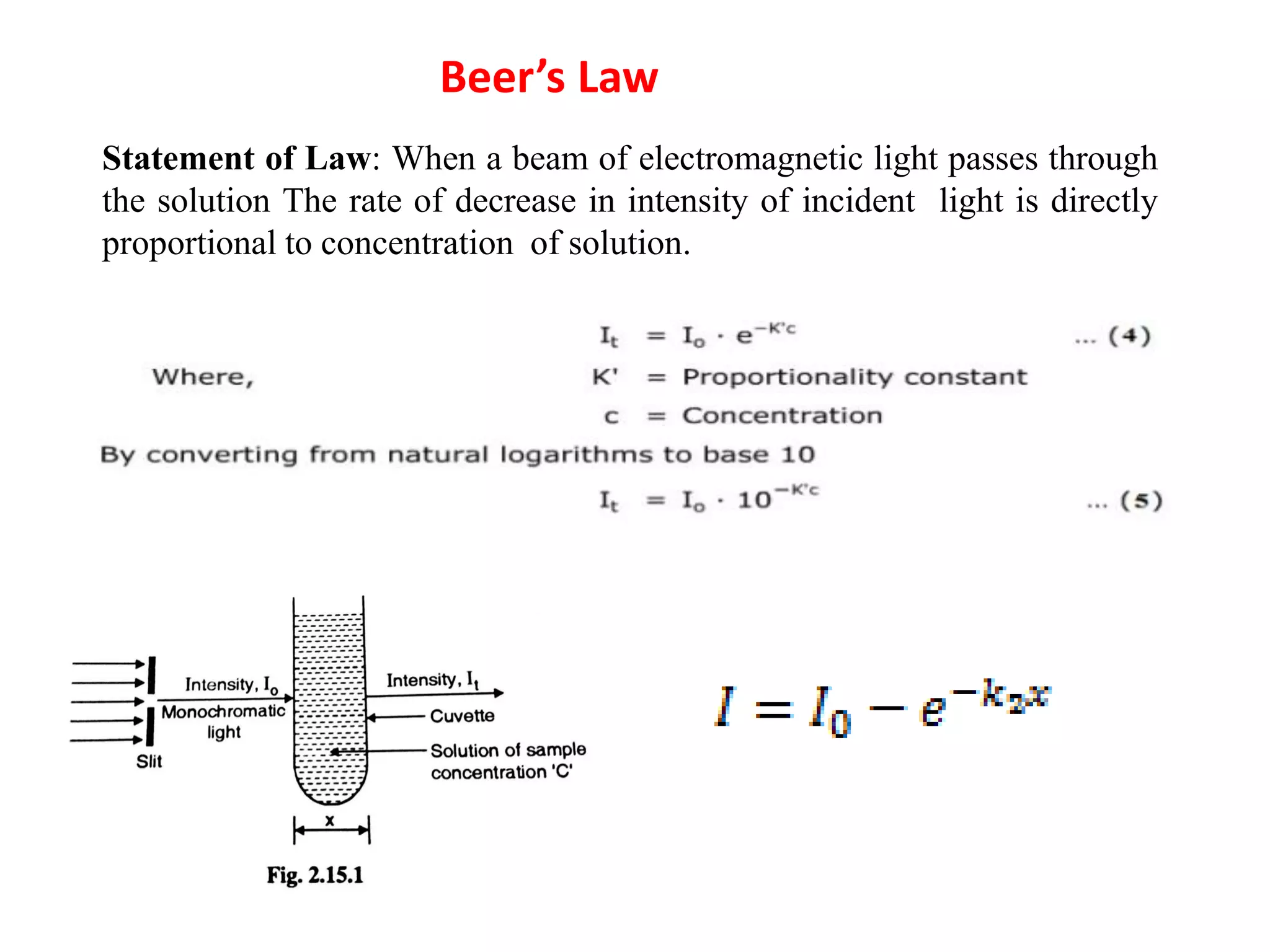 Statement of Law: When a beam of electromagnetic light passes through
the solution The rate of decrease in intensity of incident light is directly
proportional to concentration of solution.
Beer’s Law
 