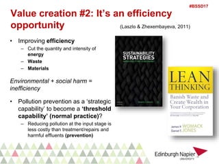 #BSSD17
Value creation #2: It’s an efficiency
opportunity (Laszlo & Zhexembayeva, 2011)
• Improving efficiency
– Cut the quantity and intensity of
energy
– Waste
– Materials
Environmental + social harm =
inefficiency
• Pollution prevention as a ‘strategic
capability’ to become a ‘threshold
capability’ (normal practice)?
– Reducing pollution at the input stage is
less costly than treatment/repairs and
harmful effluents (prevention)
 