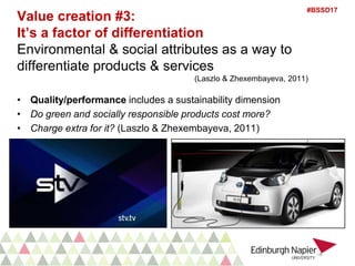 #BSSD17
Value creation #3:
It’s a factor of differentiation
Environmental & social attributes as a way to
differentiate products & services
(Laszlo & Zhexembayeva, 2011)
• Quality/performance includes a sustainability dimension
• Do green and socially responsible products cost more?
• Charge extra for it? (Laszlo & Zhexembayeva, 2011)
 