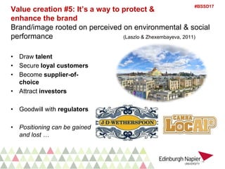 #BSSD17
Value creation #5: It’s a way to protect &
enhance the brand
Brand/image rooted on perceived on environmental & social
performance (Laszlo & Zhexembayeva, 2011)
• Draw talent
• Secure loyal customers
• Become supplier-of-
choice
• Attract investors
• Goodwill with regulators
• Positioning can be gained
and lost …
 