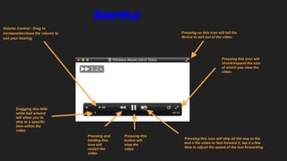 Example
Volume Control - Drag to
increase/decrease the volume to
suit your hearing
Pressing on this icon will tell the
device to exit out of the video.
Pressing this icon will
shrink/expand the size
of which you view the
video.
Dragging this little
white ball around
will allow you to
skip to a specific
time within the
video.
Pressing and
holding this
icon will
restart the
video
Pressing this
button will
stop the
video
Pressing this icon will skip all the way to the
end o the video or fast forward it, tap it a few
time to adjust the speed of the fast forwarding
 