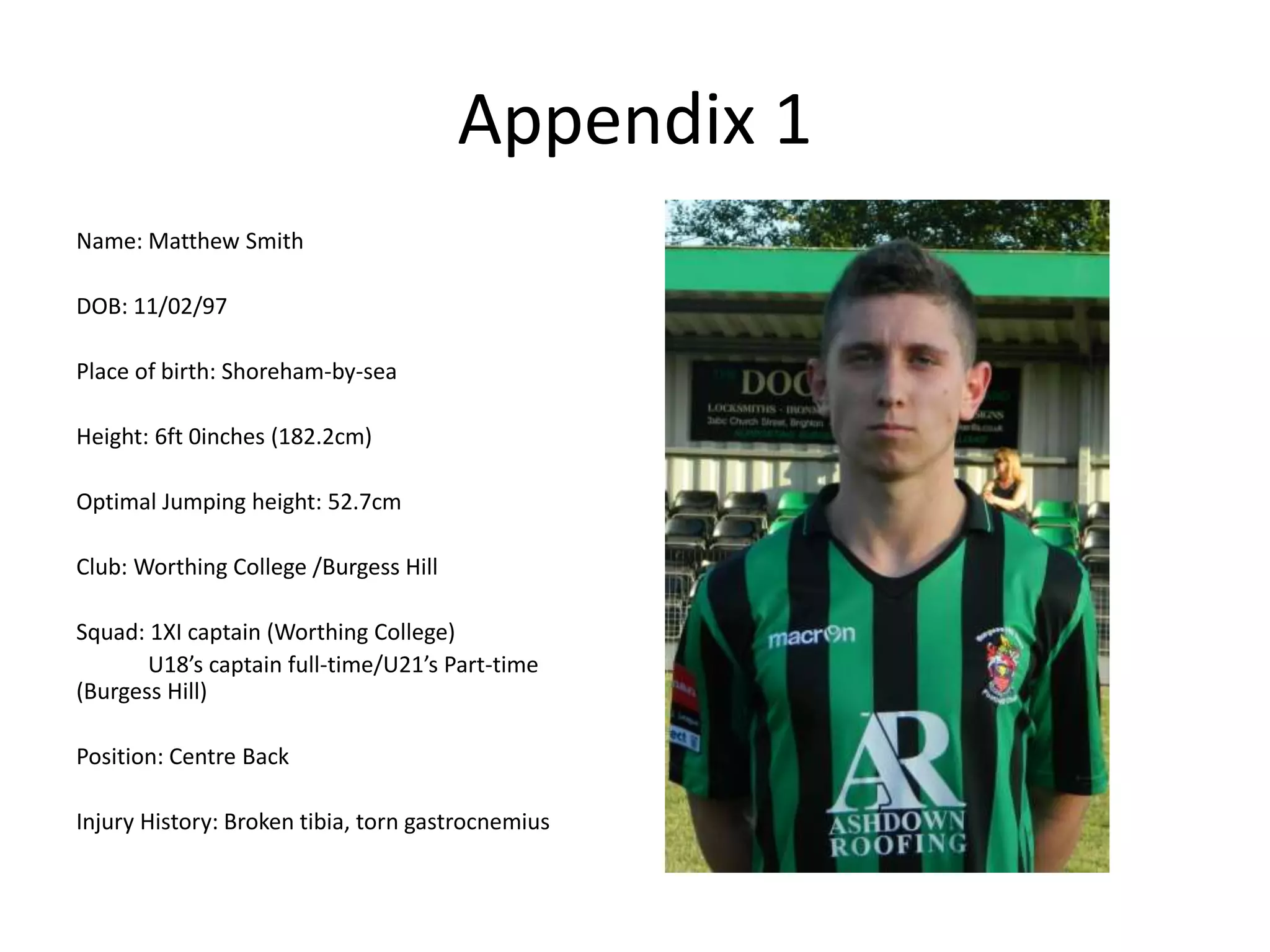 Appendix 1
Name: Matthew Smith
DOB: 11/02/97
Place of birth: Shoreham-by-sea
Height: 6ft 0inches (182.2cm)
Optimal Jumping height: 52.7cm
Club: Worthing College /Burgess Hill
Squad: 1XI captain (Worthing College)
U18’s captain full-time/U21’s Part-time
(Burgess Hill)
Position: Centre Back
Injury History: Broken tibia, torn gastrocnemius
 