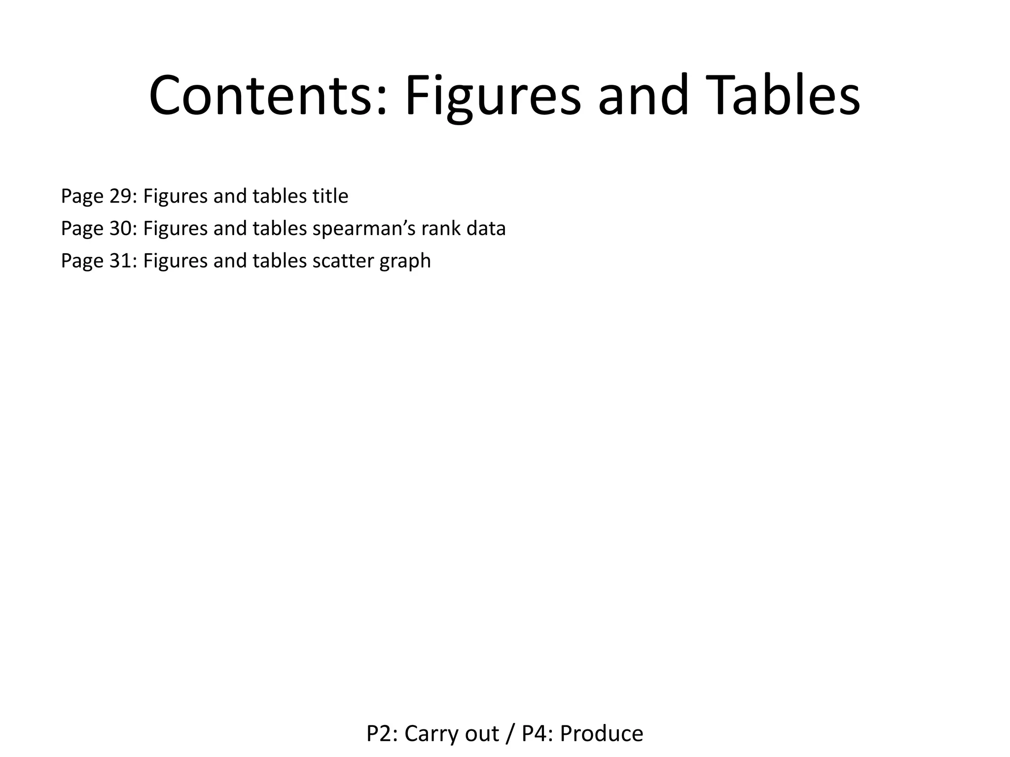 Contents: Figures and Tables
Page 29: Figures and tables title
Page 30: Figures and tables spearman’s rank data
Page 31: Figures and tables scatter graph
P2: Carry out / P4: Produce
 